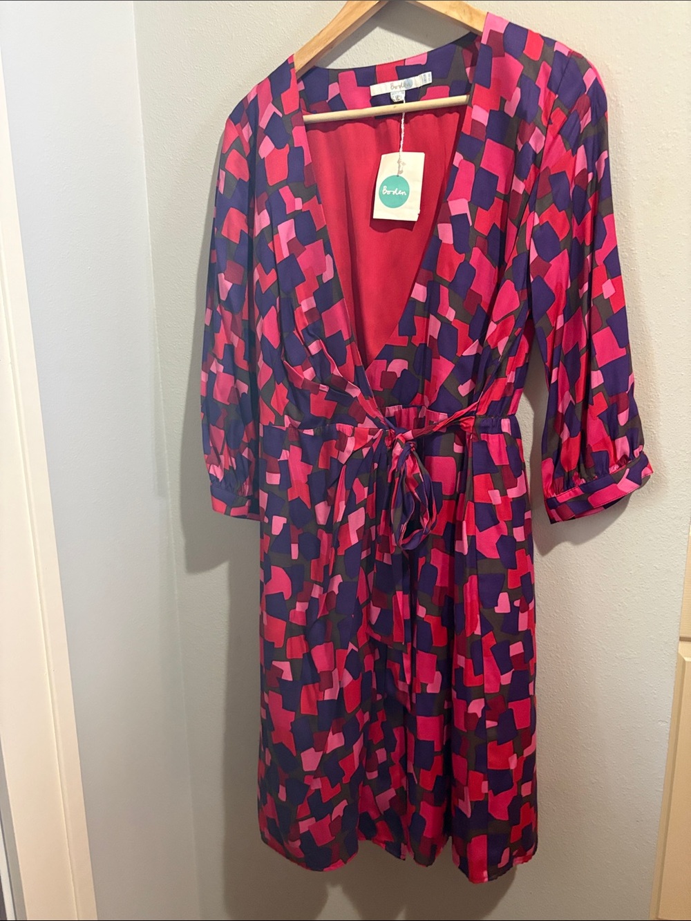 Boden Silk Blend Women's Geometric Print Wrap Dress, Pink, Purple and Green (8)